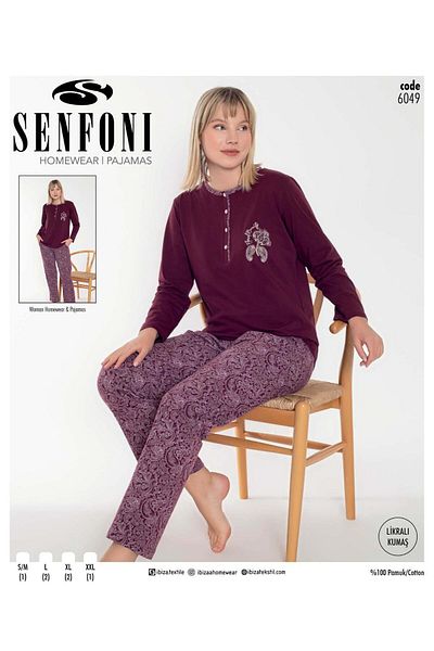 SENFONİ Set de pijamale din lycra din bumbac cu mânecă lungă, guler cu nasturi, Symphony, 6049 -1 buc.