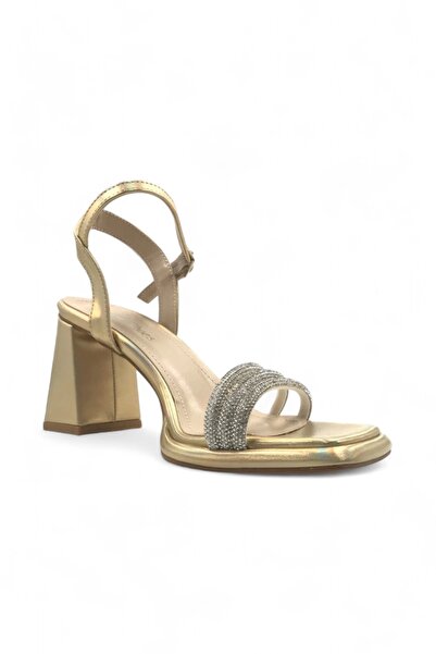 Melen Shoes Radiant Kadın Gold Altın Taş Detaylı Çift Bantlı Rahat Abiye Topuklu Ayakkabı