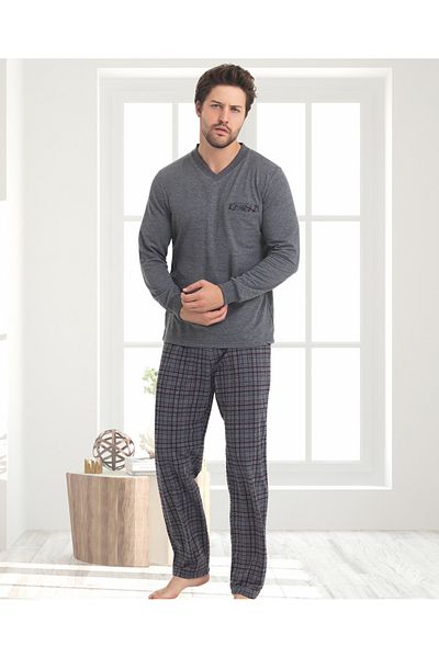 Alcteks Long Sleeve 100% Cotton Two Thread Men's Pajamas – V-Neck Set