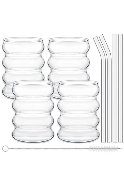 Choice 300ml Transparent Leeseph 4pcs Creative Glass Cups Coffee Mug Vintage Drinking Glasses Ribbed Glassw