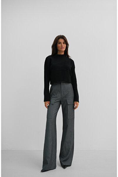 Black Fashion Pulover negru din tricotaje crop - Decolteu