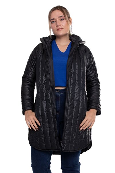 FUERTE 6021 Büyük Beden Kapitone Kapüşonlu Uzun Kadın Şişme Kaban