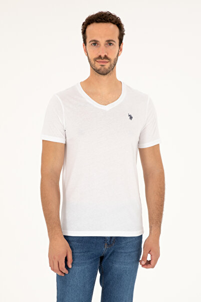 U.S. Polo Assn. تي شيرت أبيض أساسي بقصة ضيقة ورقبة على شكل حرف V للرجال 50279...