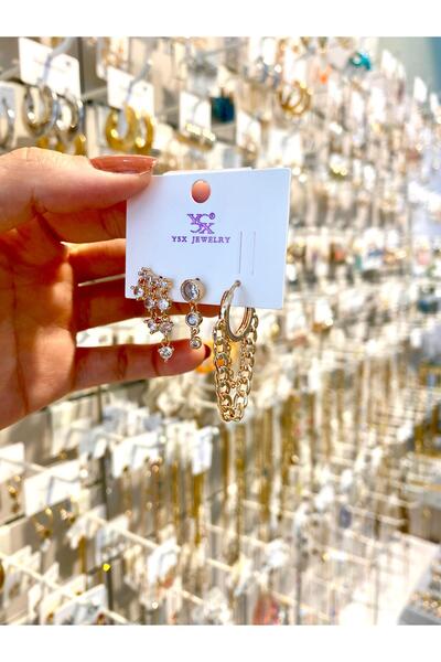 Lilyum Aksesuar Taşlı ve Zincir Detaylı Altın Gold Sarı Renk 3'lü Halkalı Çiv...