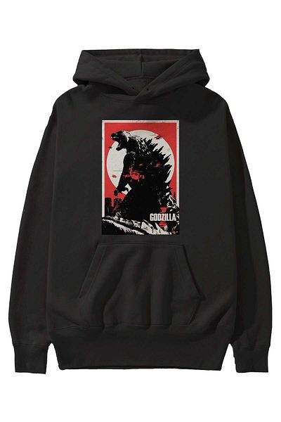 Ankhises Godzilla 2 - Hanorac negru cu glugă supradimensionat cu imprimeu în față