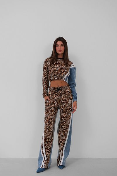 Black Fashion Set de trening din denim cu garnitură leopard