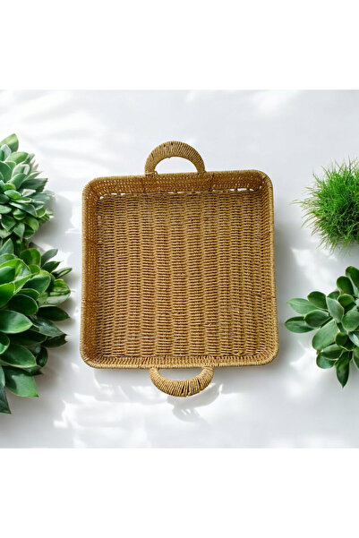 store trend Büyük boy Kare sunum dekor rattan tepsi 33 x 33 cm