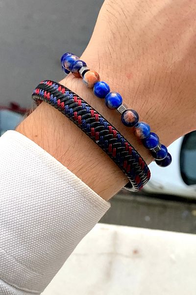 TAKIPORT Premium Quality Stylish Design Men's Leather Bracelet & Natural Stone Bracelet Set with Magnet Clip