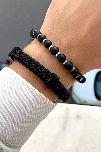 TAKIPORT Premium Quality Stylish Design Men's Leather Bracelet & Natural Stone Bracelet Set with Magnet Clip