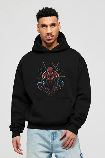 Ankhises Hanorac negru oversize cu glugă cu imprimeu în față Spiderman 15 ani - bărbați și femei
