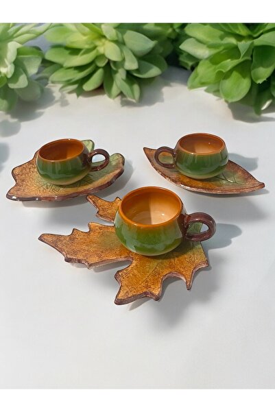 Artistic Quality طقم فناجين شاي وقهوة بأشكال أوراق مزخرفة باللونين الأخضر وال...