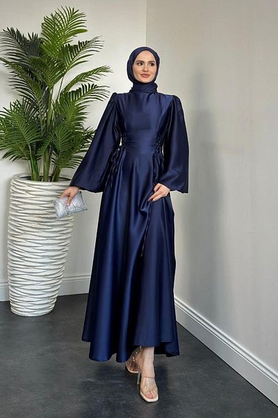 MERVEN AKYÜZ Rochie de seara din satin bleumarin - Orya Side Crimped