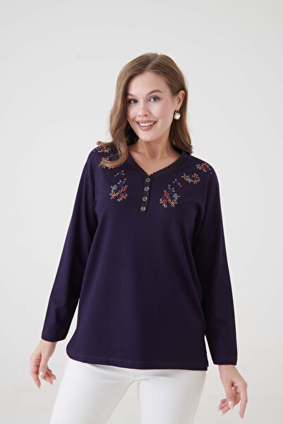 Millano Εποχιακή μητρική μπλούζα με λαιμόκοψη σε σχήμα V, κεντημένη, με λεπτομέρεια με κουμπιά, εξαιρετικής ποιότητας.