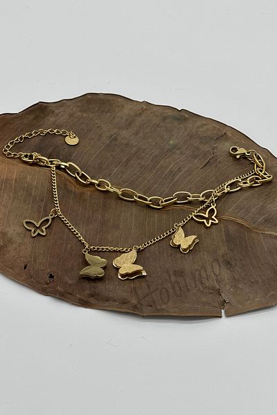 Hobimos Butterfly Figured Gold Color Double Steel Bracelet