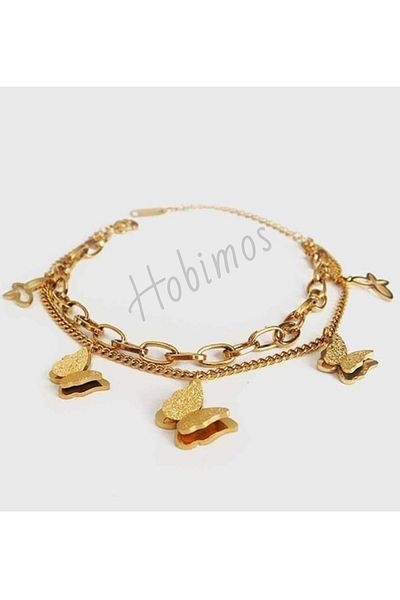 Hobimos Butterfly Figured Gold Color Double Steel Bracelet