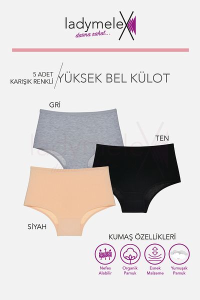 LadyMelex Chiloți pentru femei, slip cu talie înaltă, 5 bucăți, piele neagră gri (S-M-L-XL-2XL-3XL) 100% țesătură moale