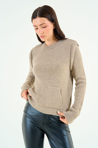 Qu Style Pulover cu umăr vertical cu buzunar din nurcă ușoară TK 241138
