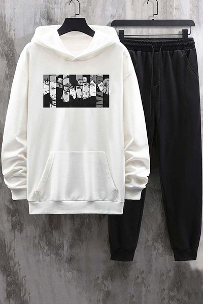 FREEDA WORKSHOP White Naruto Printed Unisex Oversize Hooded Tracksuit Set