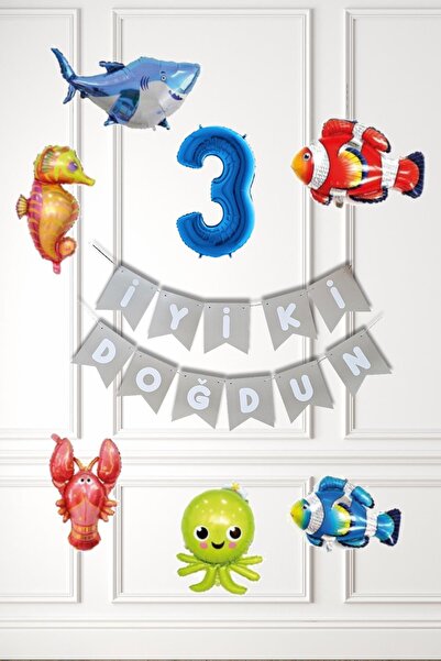 PEKSHOP Su Altı Canlıları Doğum Günü Balon Süsleme Seti Bannerlı Yaş Balonlu ...