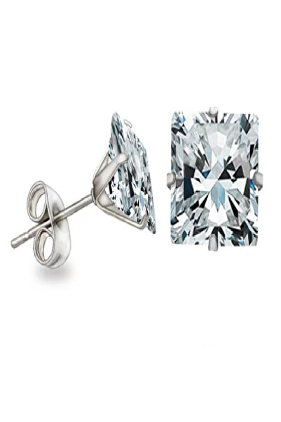 UygunGümüşçülük Uygun Gümüşçülük Steril 316 L Cerrahi Çelik Gümüş Kaplama Kare Zirkon Taşlı 1 Çift Küpe Seti