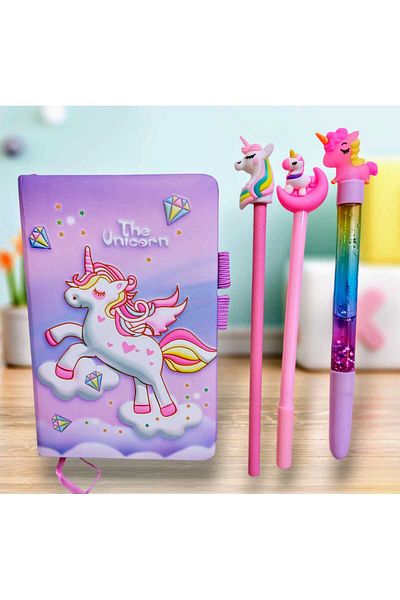 izmir yazici servis Unicorn Notepad Puffy Cover - Pencil Gel Pen Ballpoint Pen Gift Set