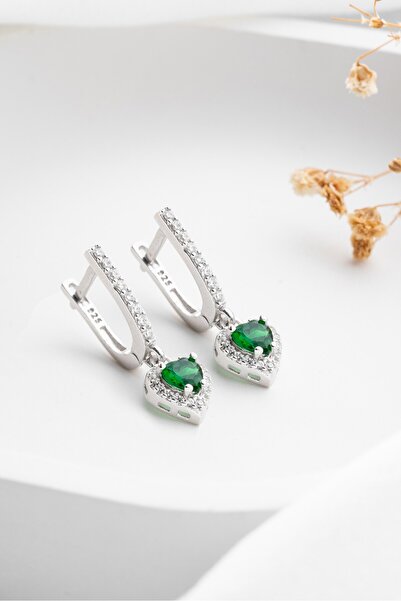 ESSARE 925 Ayar Gümüş Rodyum Kaplama Sallantılı U Model Yeşil Damla Taşlı Küpe