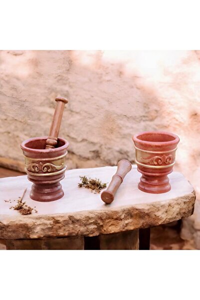 Metler Ahşap Görünümlü  Kahrevengi Polietilen Havan Sarımsak Dövücü, Pirinç Havan 1 Adet