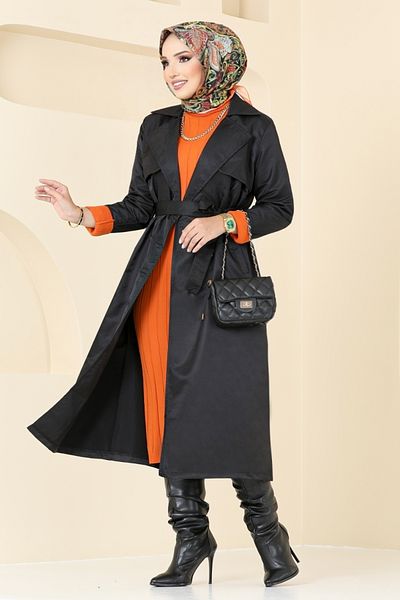 ModaMerve Black Belted Bolero Trench Coat - 1955Tge913-M