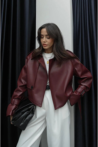 Laleli Butik Μπορντό Κοντό Premium Δερμάτινο Μπουφάν με Μπροστινή Επένδυση με Κουμπιά