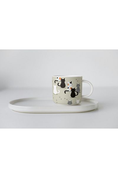 EYBaskı Tasarım White Porcelain Cat Printed Nescafe Cup