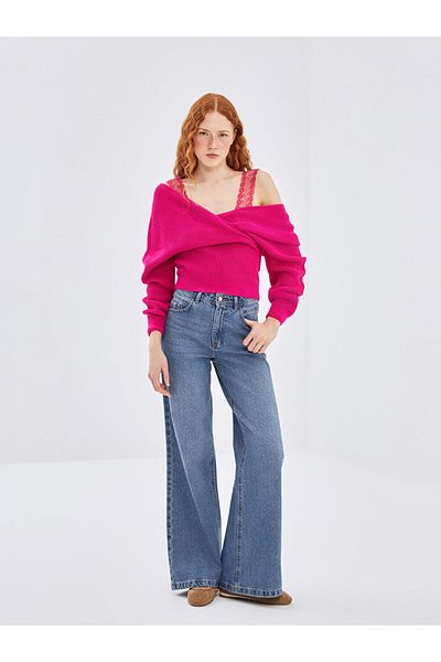 LC Waikiki Fuchsia Double Breasted Collar Women's Knitwear Sweater