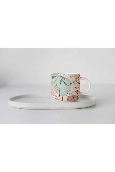 EYBaskı Tasarım White Porcelain Soft Flower Printed Nescafe Cup