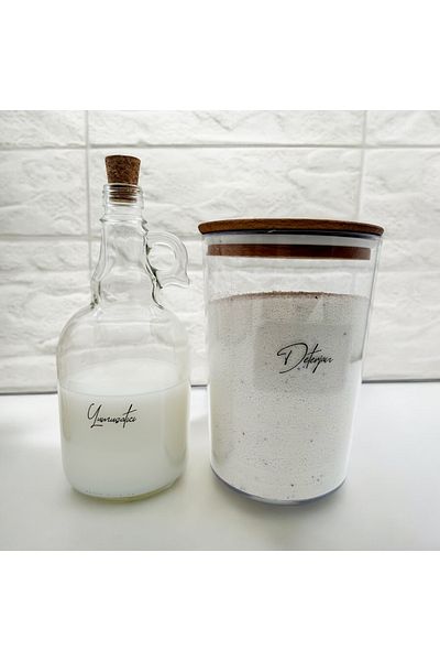 zezedesing Βάζο απορρυπαντικού με ξύλινο καπάκι 2300ML-Μπουκάλι μαλακτικού με καπάκι μανιταριού 1000ML (Διαφανές αυτοκόλλητο)