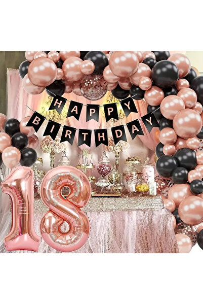 CUGY HAPPY BRİTHDAY ROSEGOLD SİYAH RENK 18 YAŞ RAKAMLI DOĞUM GÜNÜ PARTİ  KUTL...