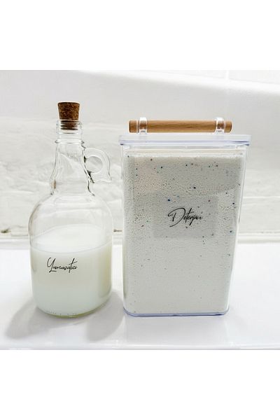 zezedesing Βάζο απορρυπαντικού με ξύλινη λαβή 2000ML-Μπουκάλι μαλακτικού με καπάκι μανιταριού 1000ML (Διαφανές αυτοκόλλητο)