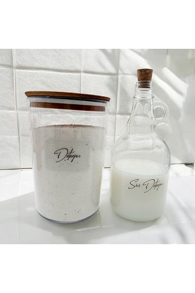 zezedesing Βάζο απορρυπαντικού 2300ML με ξύλινο καπάκι - Μπουκάλι απορρυπαντικό με καπάκι μανιταριού 1000ML (Διαφανές αυτοκόλλητο)