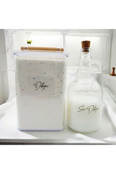 zezedesing Βάζο απορρυπαντικού 2000ML με ξύλινη λαβή - Μπουκάλι με καπάκι μανιταριού 1000ML (Διαφανές αυτοκόλλητο)