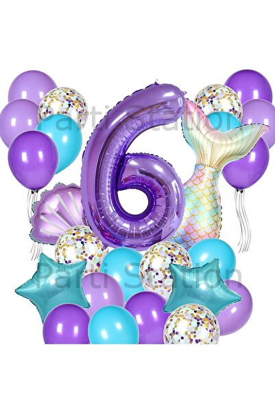 Parti Station Mor Deniz Kızı Konsept 6 Yaş Balon Set Deniz Kızı Mermaid Tema ...
