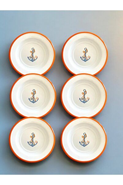 EMAYE TEZGAHI 16cm Enamel Dinner Plate - 6 Pieces Retro Presentation Marine Set
