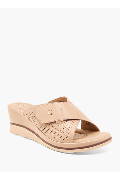 Le Confort Slip-On Lazer Cut Cross Strap Sandals with Wedge Heels