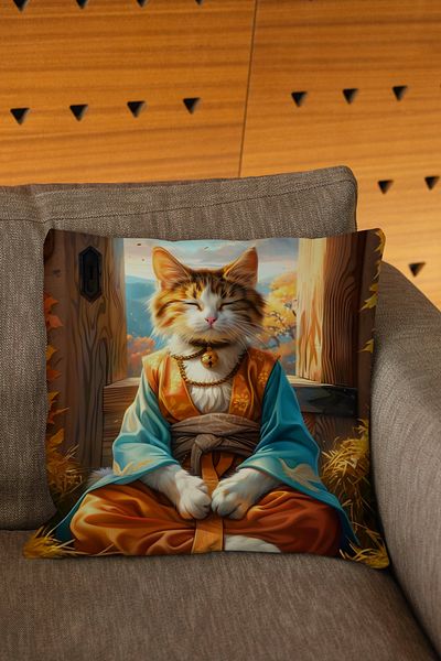 Royalte Animal Themed Cat and Nature Patterned Yellow Color Digital Printed Throw Pillow Pillowcase