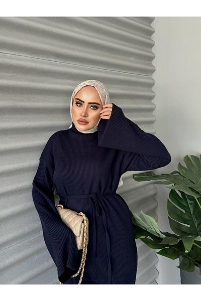 Cardella Ζώνη Λεπτομερές ριμπ πλεκτό φόρεμα Hijab