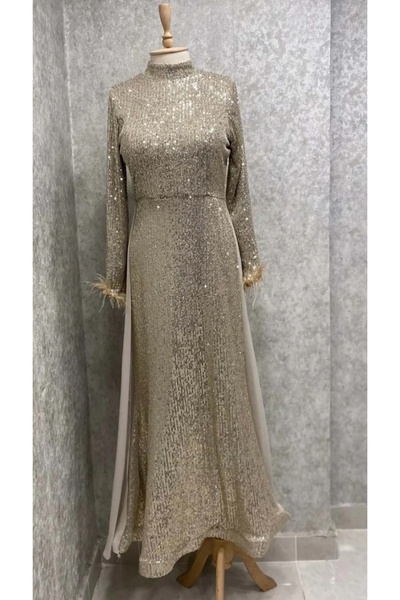 GÜZELLER Kolları Tüylü Belden Pelerinli Pul Payet Abiye Elbise