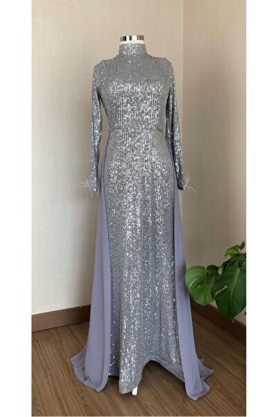 GÜZELLER Βραδινό φόρεμα με πούλιες και μανίκια με πούπουλα στη μέση