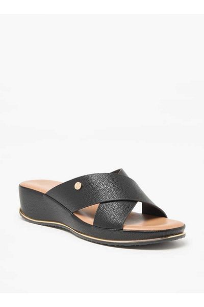 Flora Bella by Shoexpress Flora Bella Textured Cross Strap Slip-On Sandals with Wedge Heels