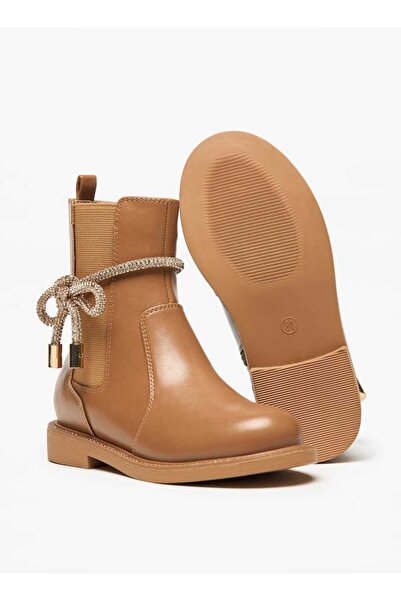 Celeste Girls' Solid Embellished Bow Detail Boots with Gusset and Zip Closure