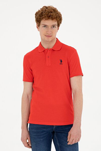 U.S. Polo Assn. تي شيرت رجالي ذو قصة ضيقة وياقة بولو باللون الأحمر الداكن 502...