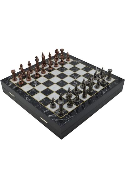 STOREMAX Medium Size Metal English Chess Set with Antique and Marble Pattern Mdf Board with Storage (36X36X6