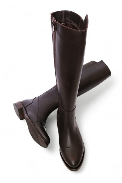 DeriNial Kadın Hakiki Deri Günlük Çizme Dizaltı Fermuarlı Kahverengi Alis