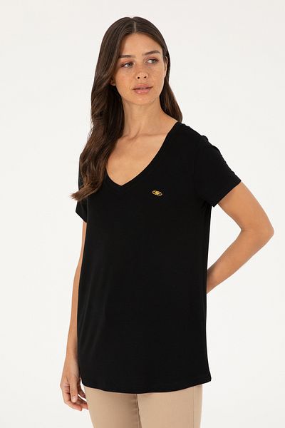 U.S. Polo Assn. Tricou de bază negru cu decolteu în V pentru femei 50280019 -VR046